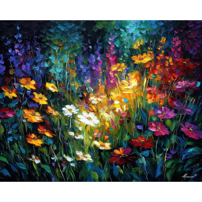 fantasy flowers,glowing blooms,oil painting,afremov style,nature plants