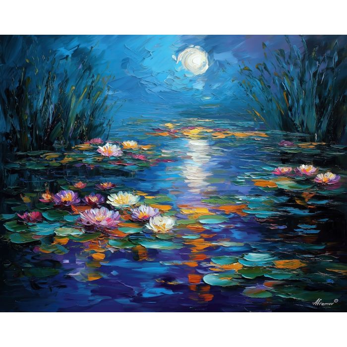 lily pond,moonlit plants,oil painting,afremov style