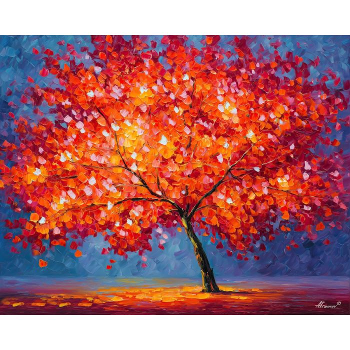 fantasy tree,ember blossoms,oil painting,afremov style