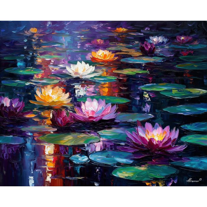 lily pond,magical flowers,oil painting,afremov style