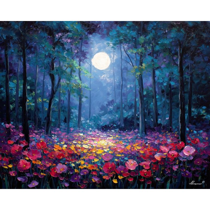 moonlit flowers,grove plants,oil painting,afremov style