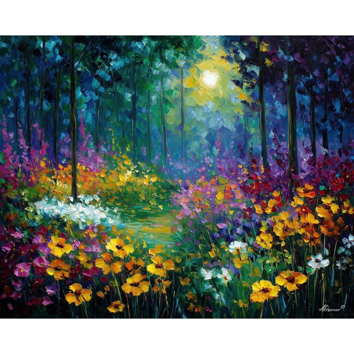 enchanted field,green plants,oil painting,afremov style