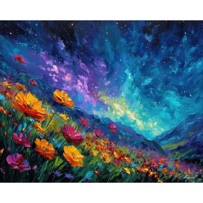fantasy ridge,celestial flowers,oil painting,afremov style