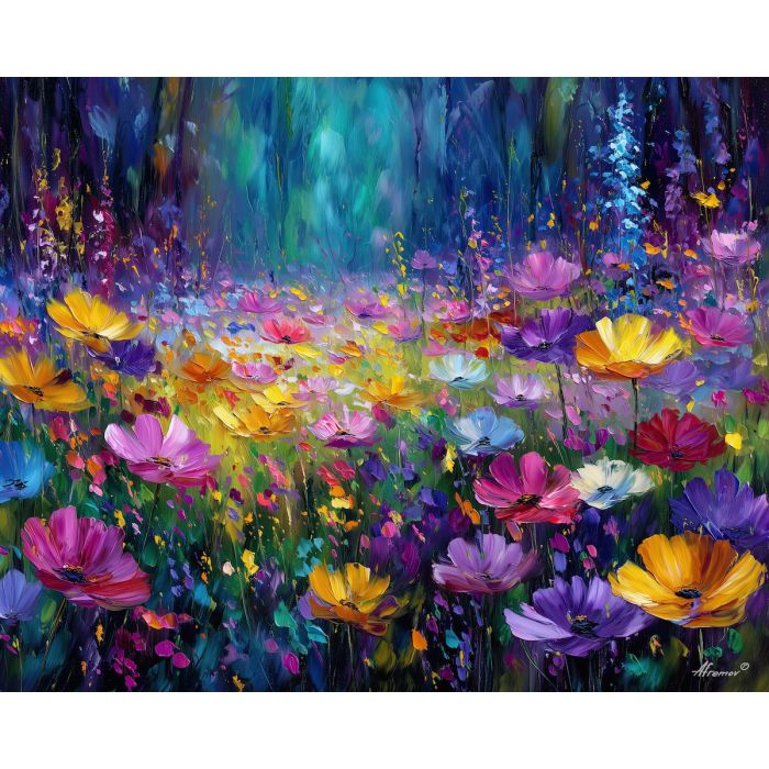 fantasy flowers,aurora glow,plant field,oil painting,afremov style