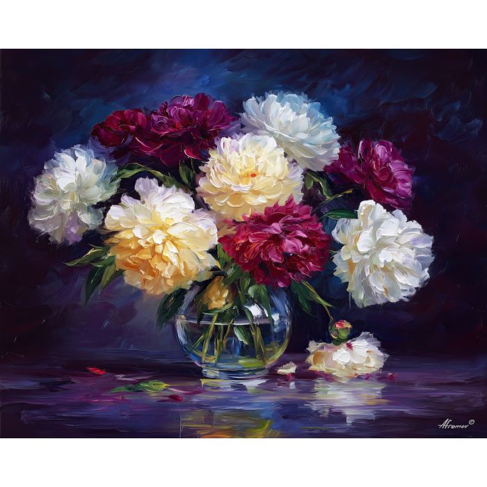 peonies,night flowers,oil painting,afremov style