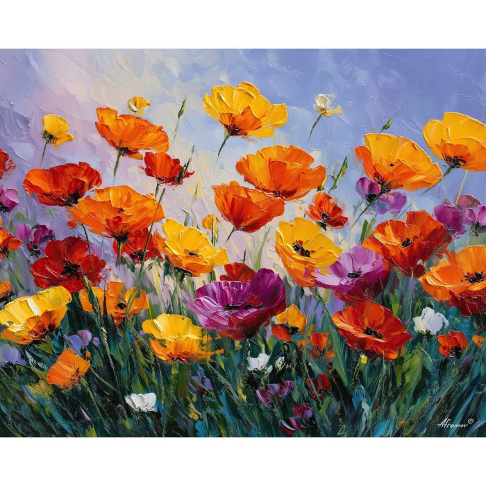 poppies field,sunlit flowers,oil painting,afremov style