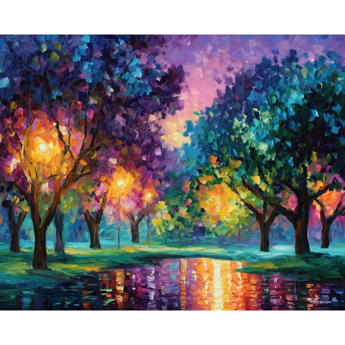 fantasy orchard,evening garden,oil painting,afremov style