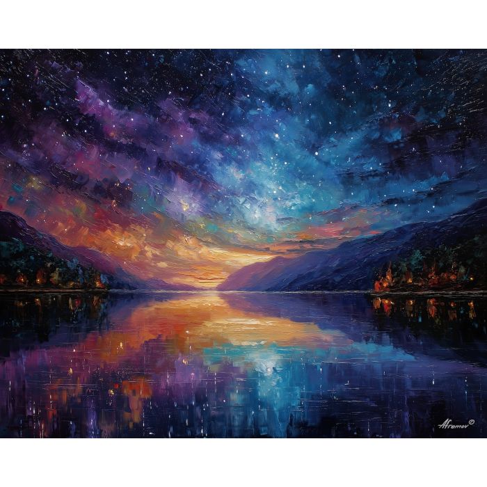 fantasy lake,star reflections,oil painting