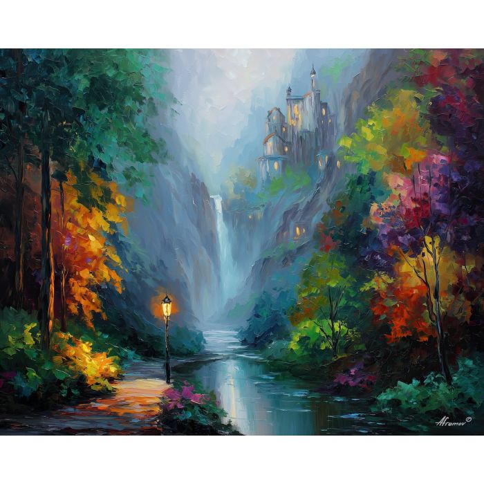 soft fantasy,magical kingdom,misty landscape,oil painting,afremov style