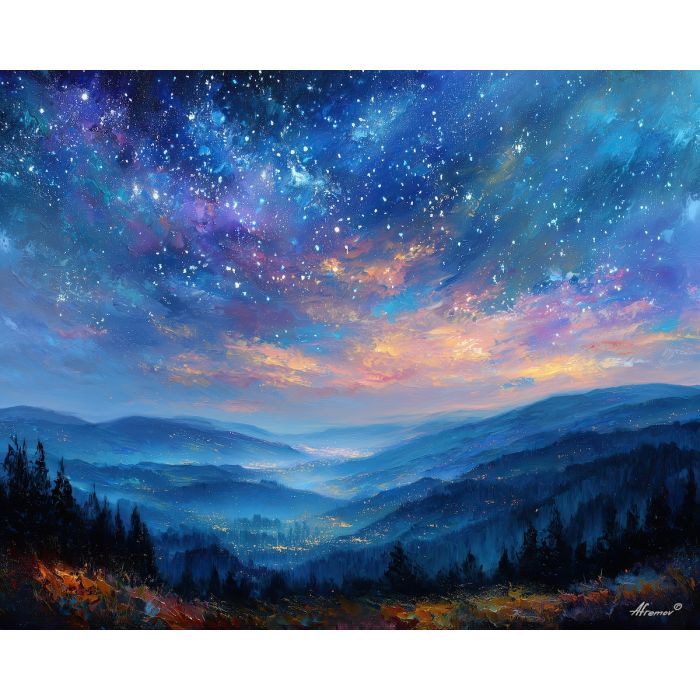 soft fantasy,glowing stars,fantasy valley,dreamy landscape,oil painting