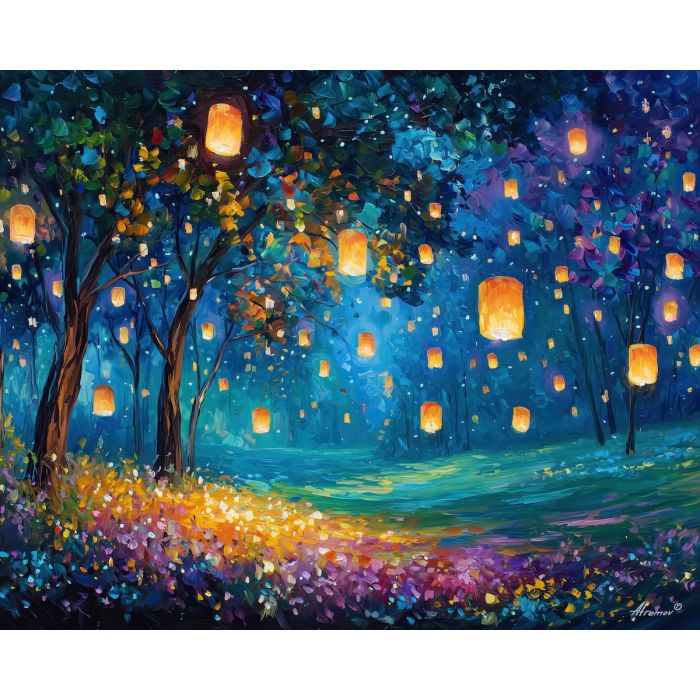 fantasy meadow,lantern lights,oil painting