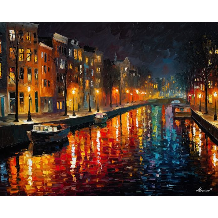 night canal,reflections,oil painting,afremov style