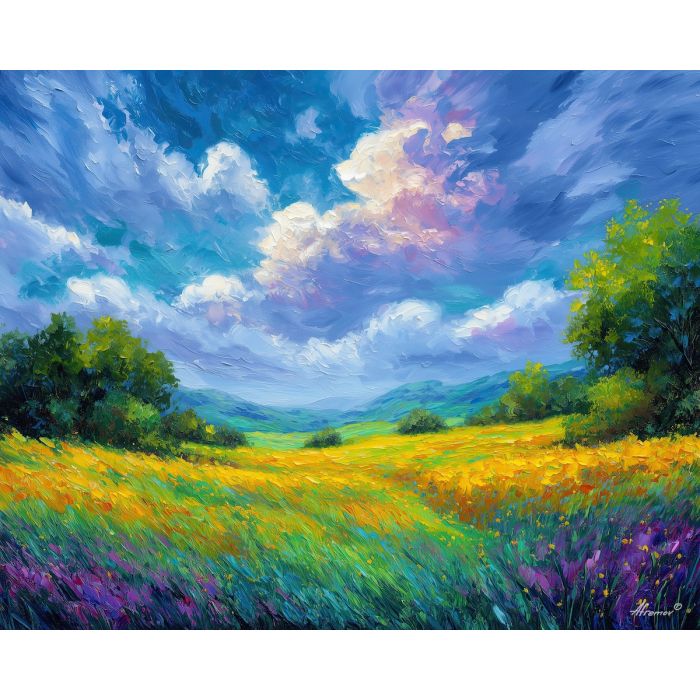 fantasy meadow,low clouds,oil painting