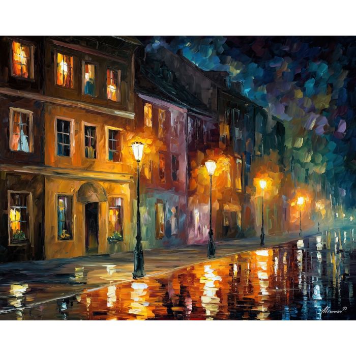 night street,moonlight city,oil painting,afremov style