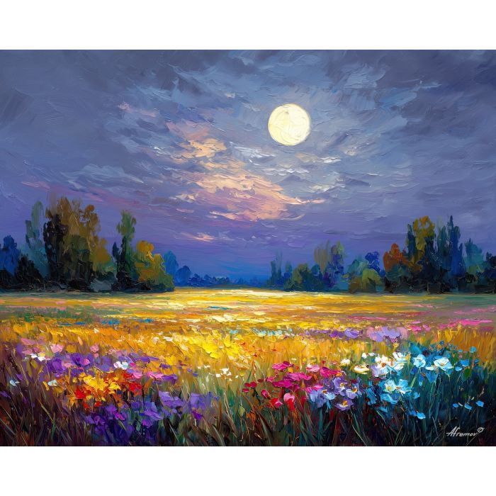 moonlit meadow,night field,oil painting,afremov style