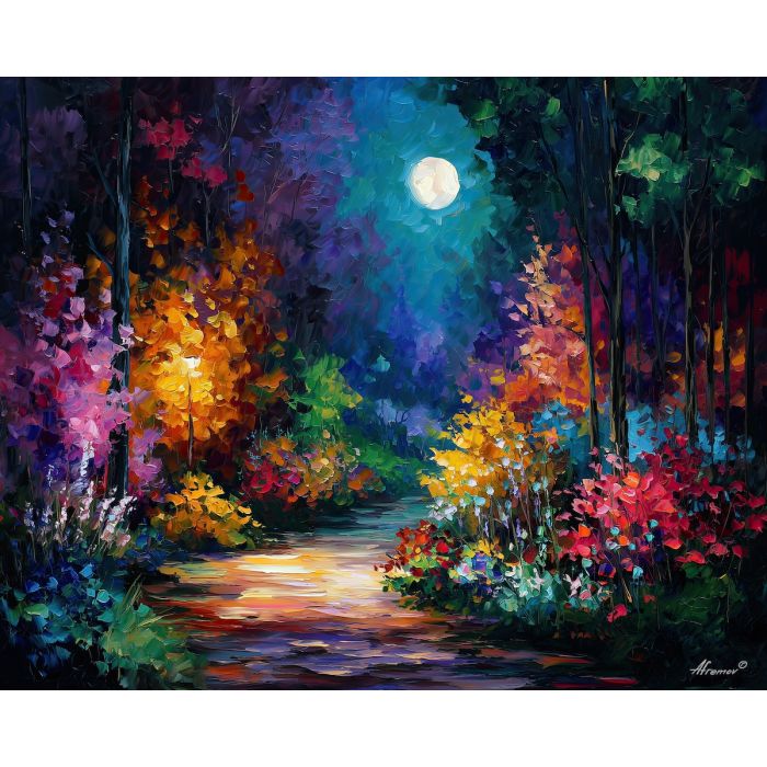 moonlit garden,fantasy paths,oil painting