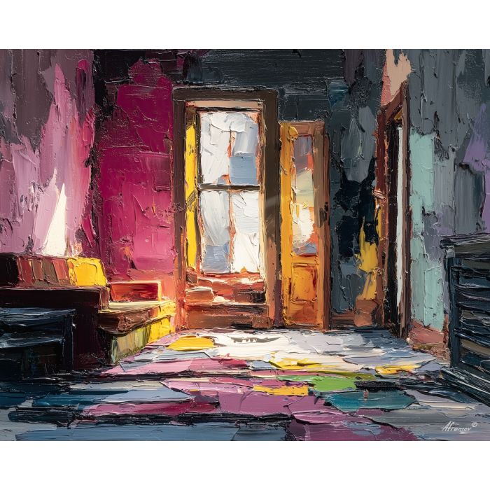 skewed, room, palette knife, oil painting, impasto, textured paint, layered pigment, scraped surface, thick strokes, expressive texture, hand painted, fine art, material depth, visual rhythm, atmospheric, color control, painterly surface