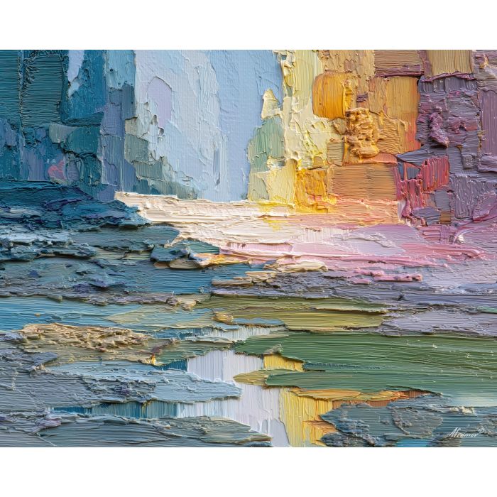 layered, focus, palette knife, oil painting, impasto, textured paint, layered pigment, scraped surface, thick strokes, expressive texture, hand painted, fine art, material depth, visual rhythm, atmospheric, color control, painterly surface