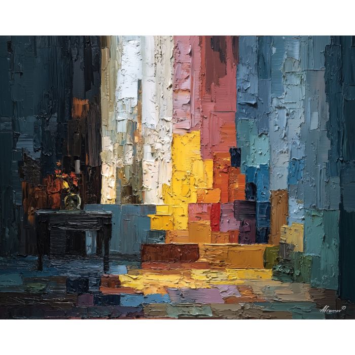 awkward, presence, palette knife, oil painting, impasto, textured paint, layered pigment, scraped surface, thick strokes, expressive texture, hand painted, fine art, material depth, visual rhythm, atmospheric, color control, painterly surface