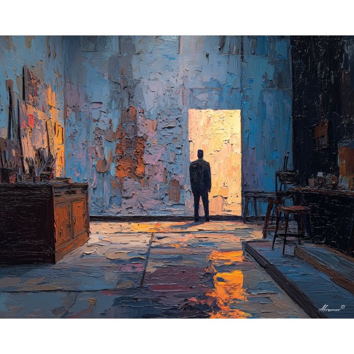 awkward, figure, room, palette knife, oil painting, impasto, textured paint, layered pigment, scraped surface, thick strokes, expressive texture, hand painted, fine art, material depth, visual rhythm, atmospheric, color control, painterly surface