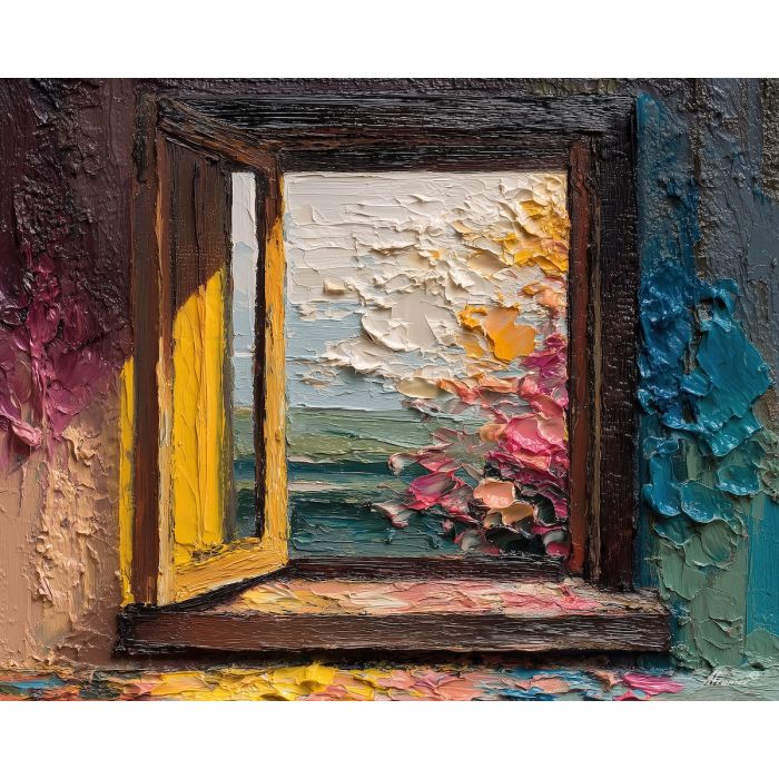 altered, frame, palette knife, oil painting, impasto, textured paint, layered pigment, scraped surface, thick strokes, expressive texture, hand painted, fine art, material depth, visual rhythm, atmospheric, color control, painterly surface