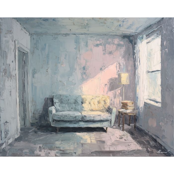 measured, resting, palette knife, oil painting, impasto, thick paint, layered pigment, scraped texture, hand painted, fine art, expressive surface, material depth, painterly, atmospheric, visual rhythm, textured painting, studio art