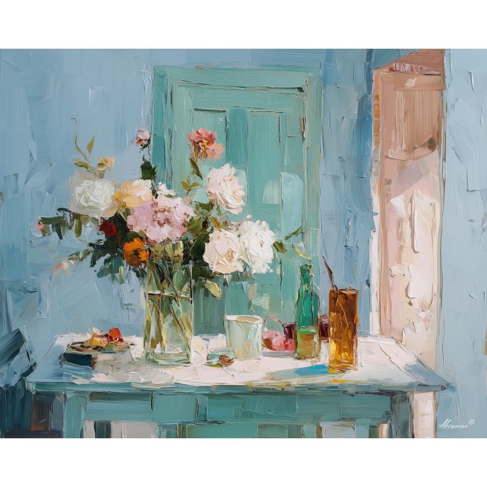 unfolding, gentle, palette knife, oil painting, impasto, thick paint, layered pigment, scraped texture, hand painted, fine art, expressive surface, material depth, painterly, atmospheric, visual rhythm, textured painting, studio art