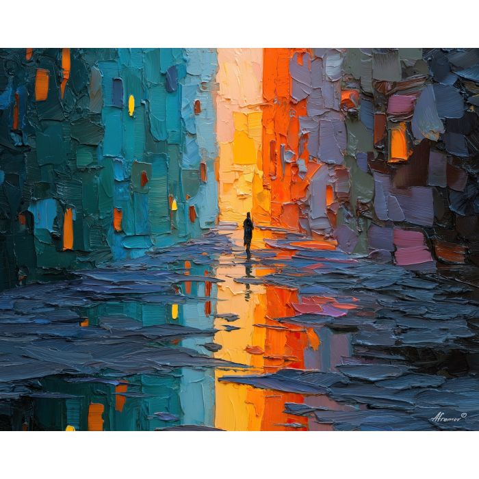 measured, state, palette knife, oil painting, impasto, textured paint, layered pigment, scraped surface, thick strokes, expressive texture, hand painted, fine art, material depth, visual rhythm, atmospheric, color control, painterly surface