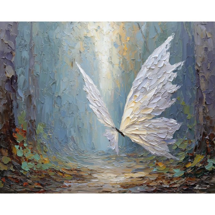 airy, wing, path, palette knife, oil painting, impasto, textured paint, layered pigment, scraped surface, thick strokes, expressive texture, hand painted, fine art, material depth, visual rhythm, atmospheric, color control, painterly surface