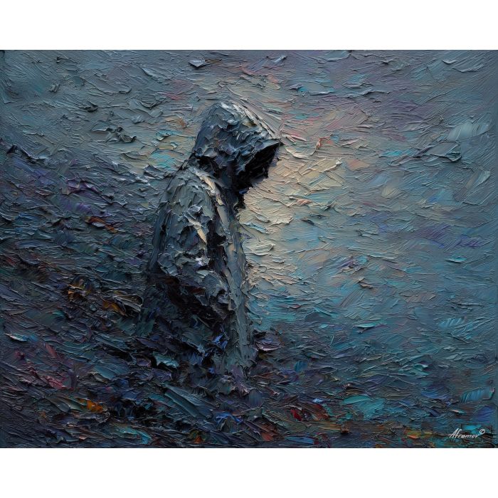 cold, outline, figure, palette knife, oil painting, impasto, textured paint, layered pigment, scraped surface, thick strokes, expressive texture, hand painted, fine art, material depth, visual rhythm, atmospheric, color control, painterly surface