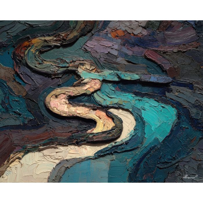 fluid, track, palette knife, oil painting, impasto, textured paint, layered pigment, scraped surface, thick strokes, expressive texture, hand painted, fine art, material depth, visual rhythm, atmospheric, color control, painterly surface