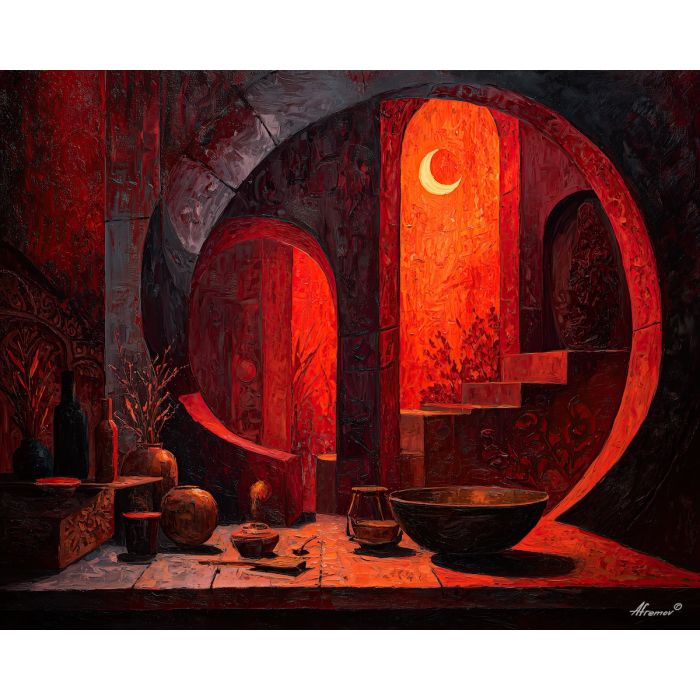 curved, ritual, palette knife, oil painting, impasto, textured paint, layered pigment, scraped surface, thick strokes, expressive texture, hand painted, fine art, material depth, visual rhythm, atmospheric, color control, painterly surface