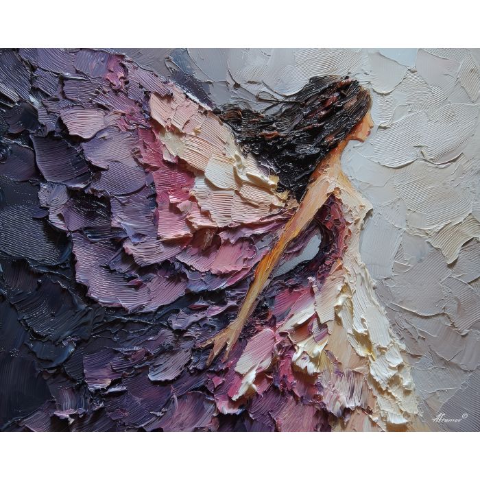 secret, wing, figure, palette knife, oil painting, impasto, textured paint, layered pigment, scraped surface, thick strokes, expressive texture, hand painted, fine art, material depth, visual rhythm, atmospheric, color control, painterly surface