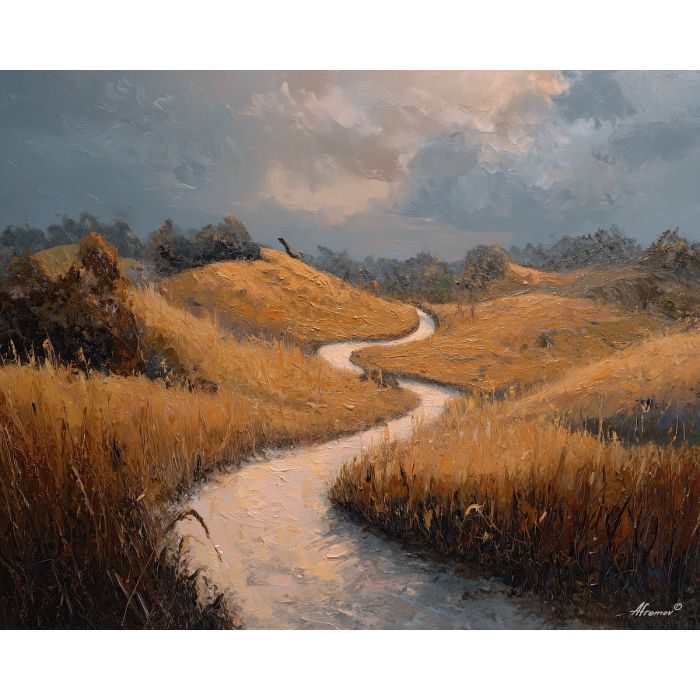 silent, path, palette knife, oil painting, impasto, textured paint, layered pigment, scraped surface, thick strokes, expressive texture, hand painted, fine art, material depth, visual rhythm, atmospheric, color control, painterly surface