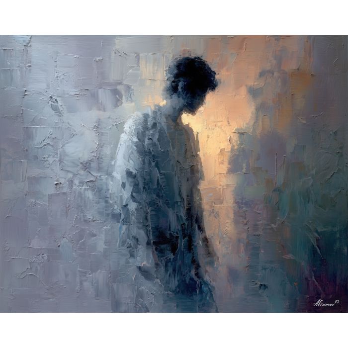 fading, figure, shape, palette knife, oil painting, impasto, textured paint, layered pigment, scraped surface, thick strokes, expressive texture, hand painted, fine art, material depth, visual rhythm, atmospheric, color control, painterly surface