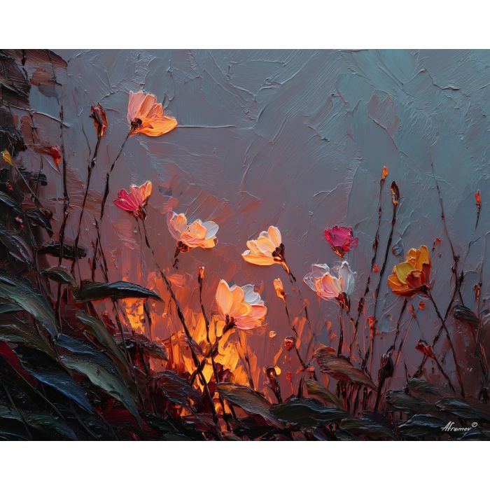 warm, light, palette knife, oil painting, impasto, textured paint, layered pigment, scraped surface, thick strokes, expressive texture, hand painted, fine art, material depth, visual rhythm, atmospheric, color control, painterly surface