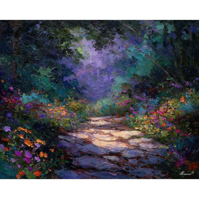 delicate, path, palette knife, oil painting, impasto, textured paint, layered pigment, scraped surface, thick strokes, expressive texture, hand painted, fine art, material depth, visual rhythm, atmospheric, color control, painterly surface