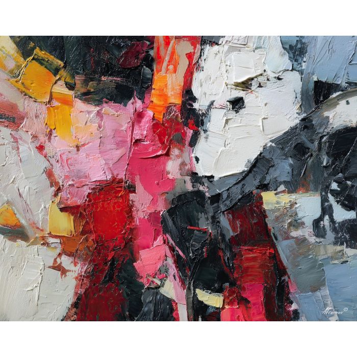 dense, split, collision, oversized abstract, bold forms, palette knife, oil painting, impasto, thick paint, layered pigment, textured surface, large scale art, expressive abstraction, heavy texture, dynamic composition, painterly surface, material depth, contemporary abstract