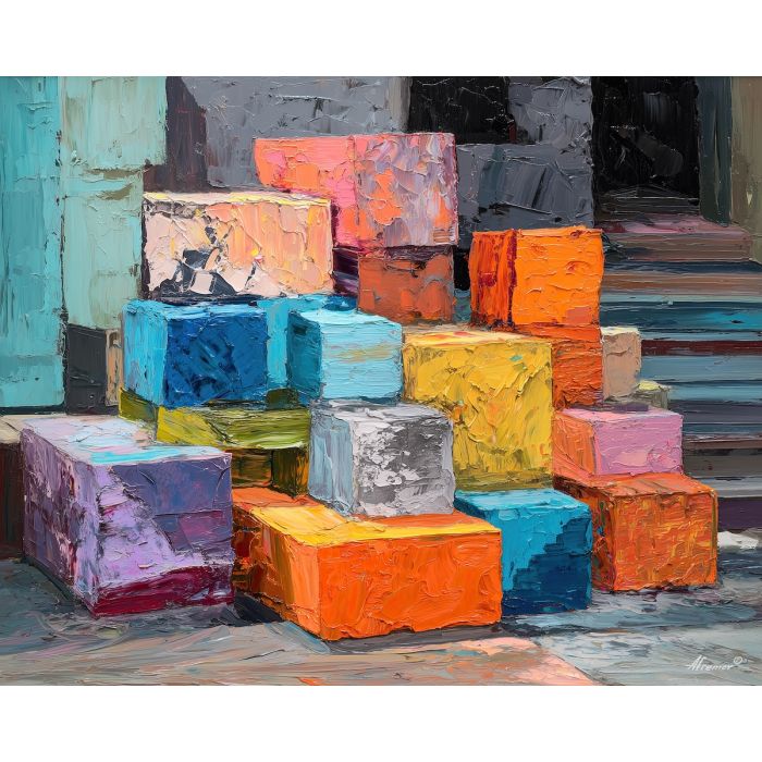 stacked, block, oversized abstract, bold forms, palette knife, oil painting, impasto, thick paint, layered pigment, textured surface, large scale art, expressive abstraction, heavy texture, dynamic composition, painterly surface, material depth, contemporary abstract