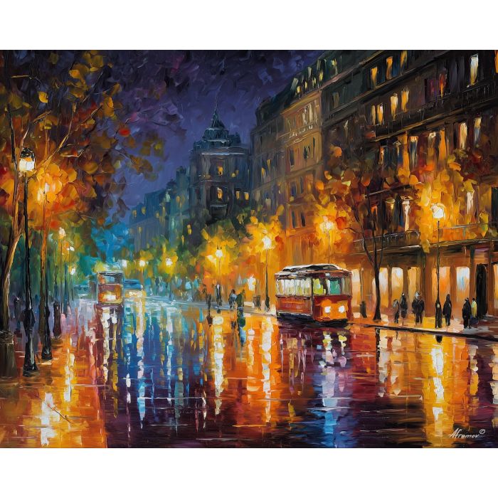 rainy night city,reflections,oil painting,afremov style