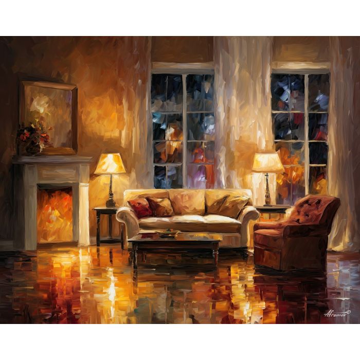 dusk interior,warm stillness,oil painting
