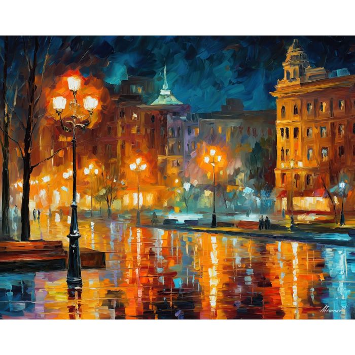 night square,soft lights,oil painting