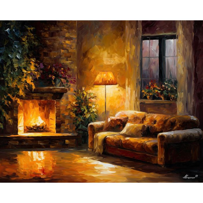 cozy haven,warm interior,oil painting