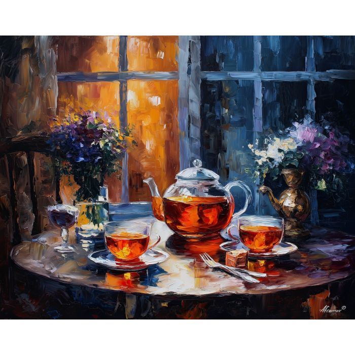 evening tea,quiet comfort,oil painting
