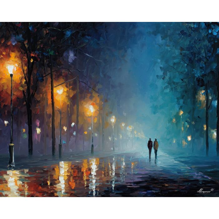 foggy night walk,soft lights,oil painting