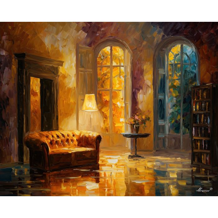 evening glow,cozy room,oil painting