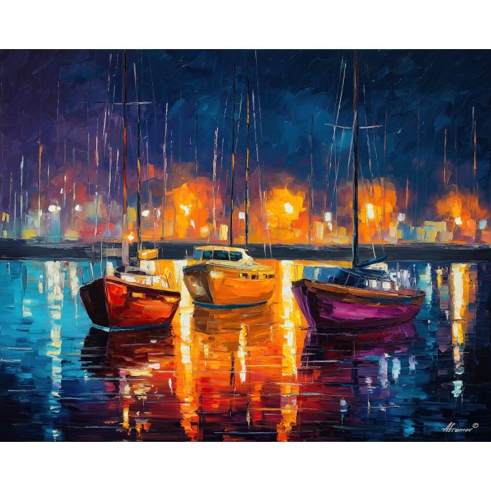 night harbor,quiet boats,oil painting