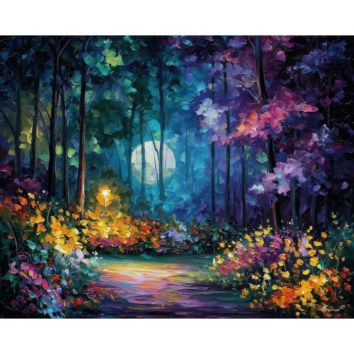 moonlit garden,night shadows,oil painting