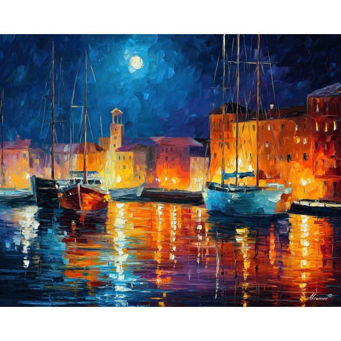 moonlit harbor,quiet boats,oil painting,afremov style
