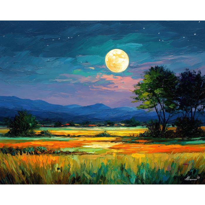 moonlit fields,night landscape,oil painting